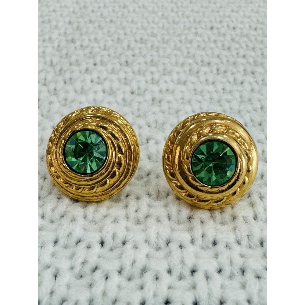 Swarovski Swan Signed Gold Tone Green Crystal Rope Doorknocker Stud Earrings